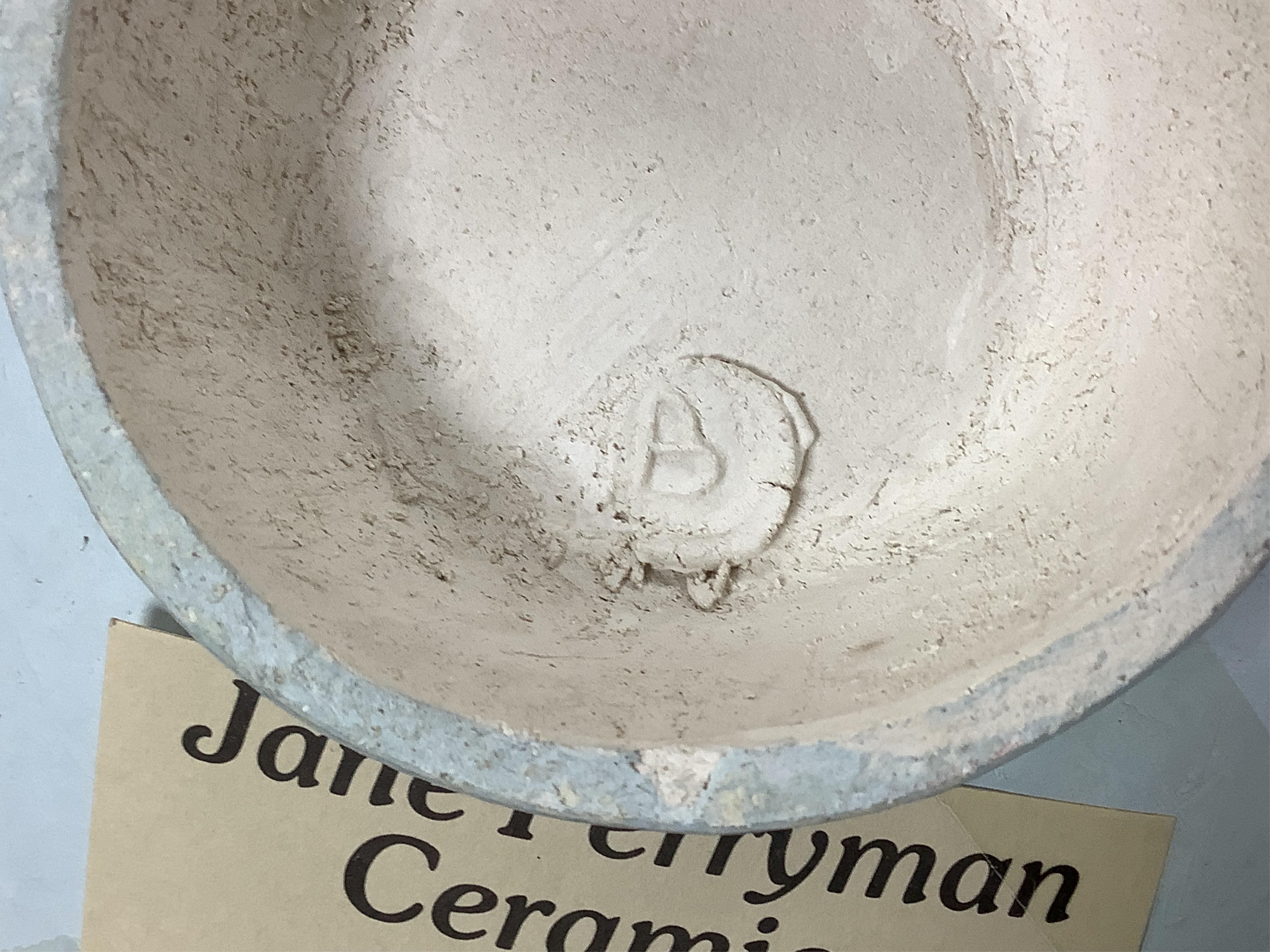 Jane Perryman, studio pottery bowl, impressed mark to the base, and another, signed RG and dated 1990, 32cm in diameter